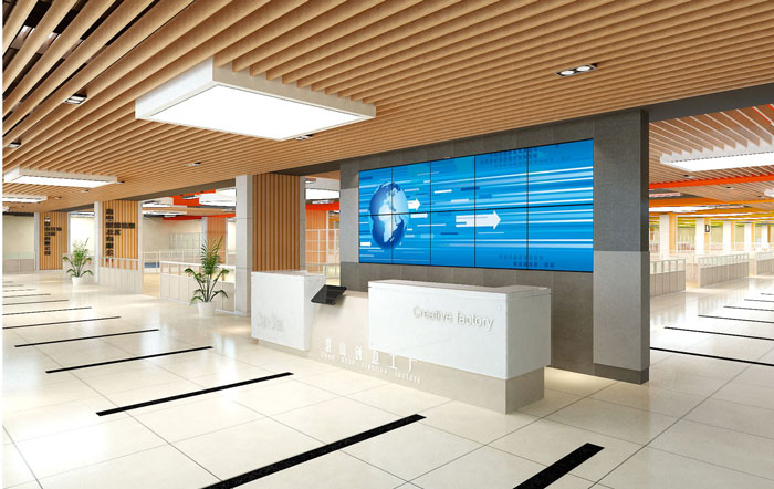 1500平方創(chuàng)意工廠辦公室前臺大廳裝修設(shè)計(jì)案例效果圖