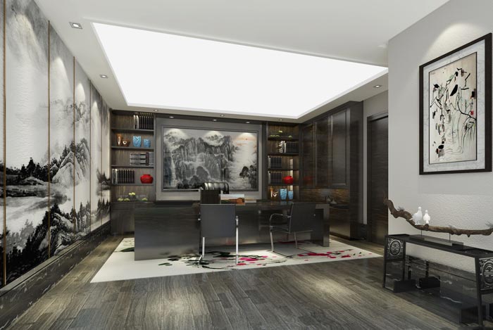 新中式進(jìn)出口貿(mào)易公司總經(jīng)理辦公室裝修設(shè)計案例效果圖