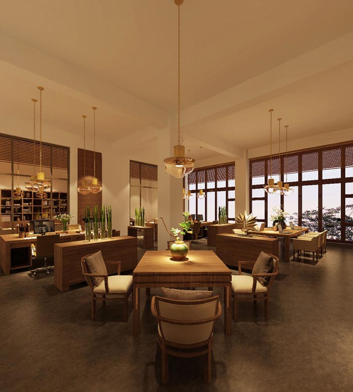 中式簡約風格辦公室洽談區(qū)域裝修設(shè)計案例效果圖