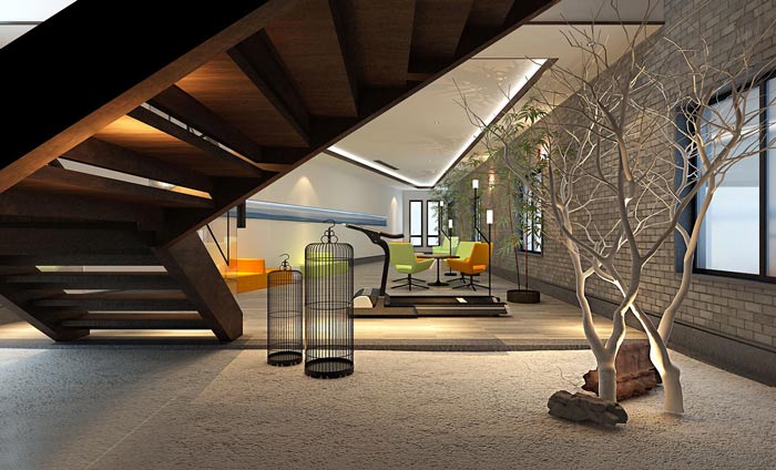 新中式辦公室前臺(tái)接待裝修設(shè)計(jì)案例效果圖