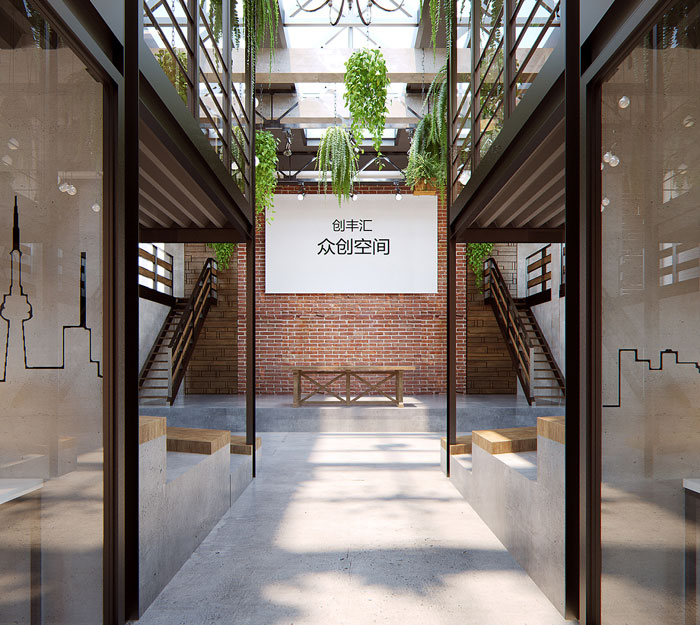 loft風(fēng)格眾創(chuàng)空間辦公室進(jìn)門區(qū)裝修設(shè)計效果圖